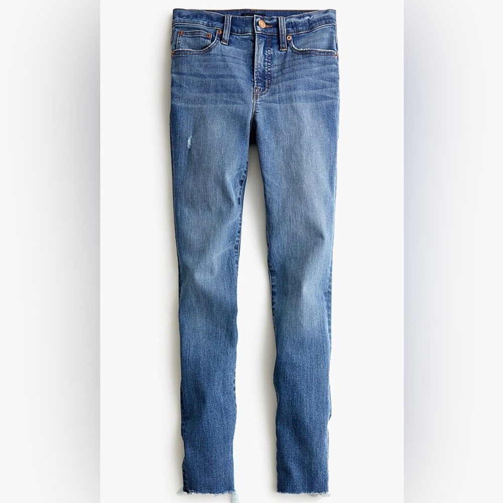 JCrew 9" high-rise toothpick jean in medium indigo wash with cut hems